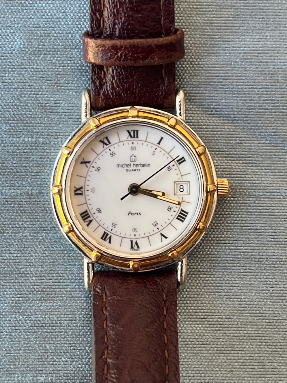 Michel Herbelin Paris Vintage Gold Plated Leather Luxury Dress Watch Working